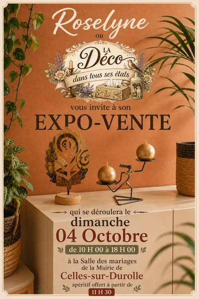 Affiche terracotta de ma première exposition-vente ; toutes les informations sont reprises dans le texte adjacent.