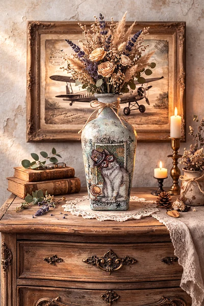 Carafe décorée d’un chat aviateur, dans une mise en scène sur un meuble en bois.