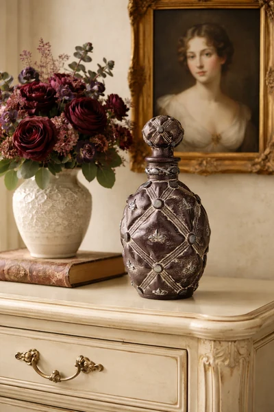 Carafe aux motifs de fleurs de lys en relief et à la patine sombre.