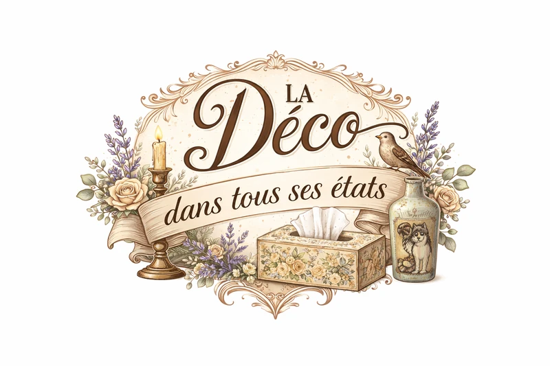 La Déco dans tous ses états, un logo foisonnant de fleurs, de feuillages et d’objets décorés.