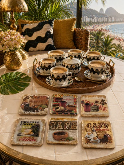 Six sous-tasses rectangulaires ornées de motifs colorés évoquant Cuba.