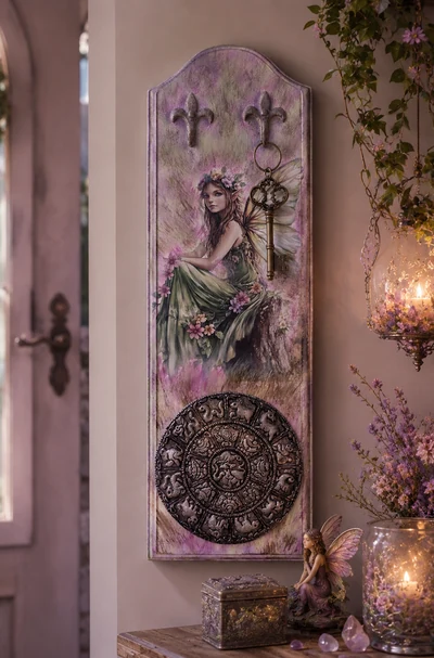 Support pour clés allongé, relooké dans des tons violets avec un motif de fée.