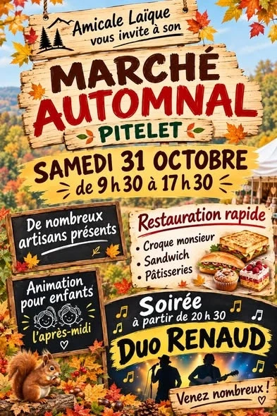 Affiche du marché automnal de Pitelet, samedi 31 octobre 2026, organisé par l’Amicale Laïque.